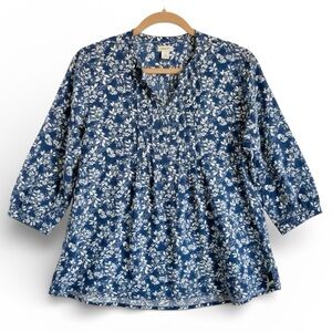 L.L. Bean Floral Cotton Peasant Blouse Boho Summer Top Travel Navy White Small